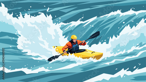Dynamic whitewater kayaking adventure in vibrant flat style