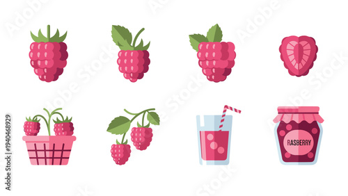 Fresh raspberry icons: flat design set with juice and jam elements
