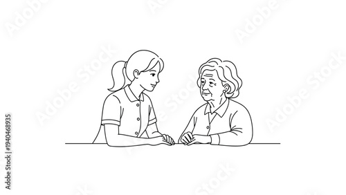 Compassionate caregiver supports elderly woman in heartwarming linear art scene