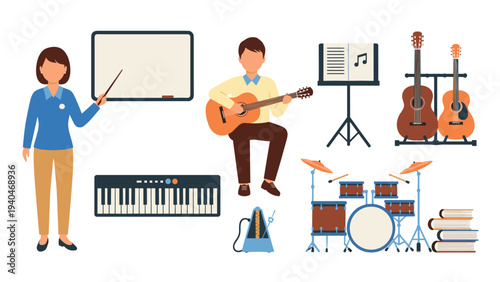 Music education and instruction set with instruments and classroom elements