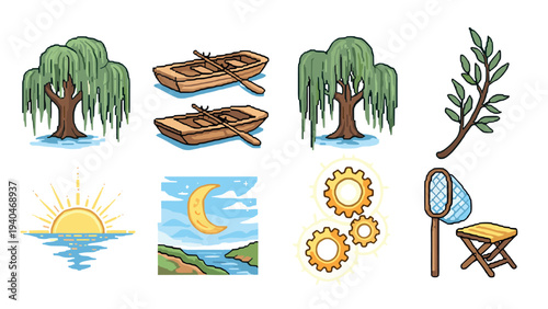 Pixel art nature and outdoor elements set with trees, boats, and sun