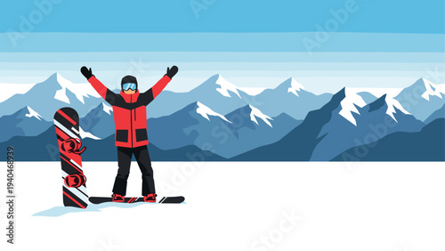 Winter adventure with snowboarder in colorful gear against majestic mountain backdrop