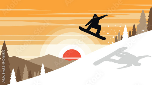 Silhouette snowboarder jumps at sunset in minimalist winter landscape with pine trees and mountains