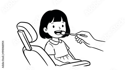 Child's dental checkup in black and white linear art style