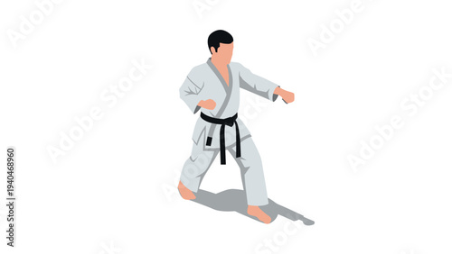 Karate practice: black belt martial artist in white gi performing techniques