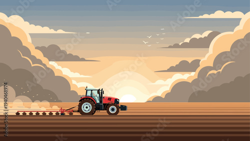 Tractor plowing field at sunrise with dramatic sky and clouds