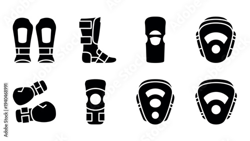 Silhouette of mixed martial arts gear: boxing gloves, shin guards, knee pads, headgear icons