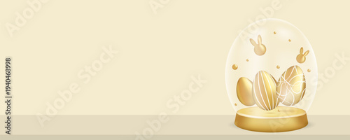 A banner with 3D eggs under a glass dome. Vector illustration on the theme of Easter. A template for a postcard, sale announcement, product demo, social media, etc.