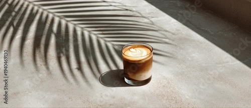 A glass of coffee rests on a concrete surface with palm shadows