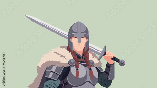 Medieval warrior woman in armor holding sword with determination