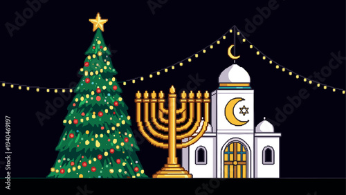 Festive pixel art: christmas, hanukkah, and ramadan celebrations under starry lights