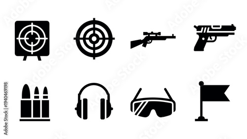 Shooting range icons: targets, weapons, and safety gear in bold silhouette style