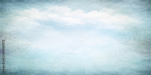 A beautiful bright blue grunge sky background features white clouds in a clear summer atmosphere with abstract sunlight for a high nature cloudscape