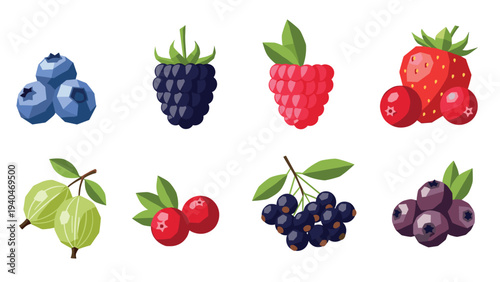Colorful collection of geometric berry illustrations in flat design style