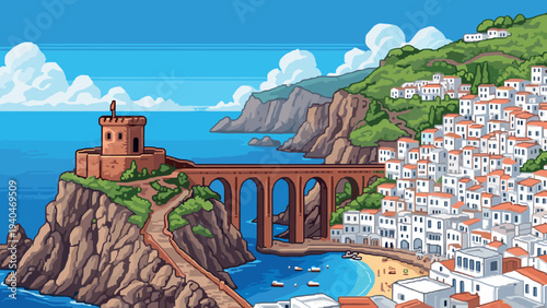 Retro pixel coastal town with bridge and cliffside houses under blue sky