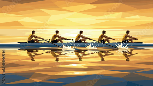 Geometric team rowing at sunset: dynamic low poly art of athletes on calm water