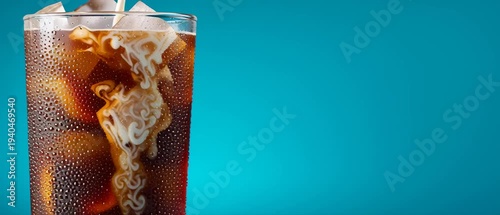 A glass of cola with ice and milk being poured for a refreshing drink