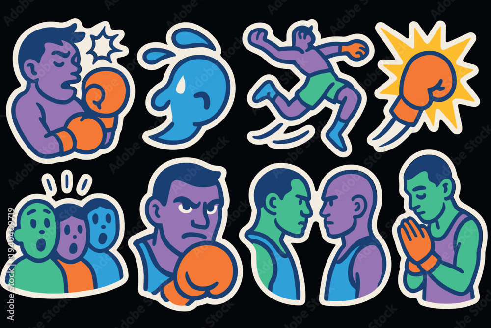 Fototapeta premium Colorful boxing stickers with dynamic cartoon characters and bold expressions