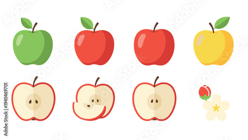 Colorful flat apple collection: red, green, and yellow varieties with slices and blossom elements