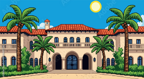 Retro pixel art mansion with palm trees under sunny sky