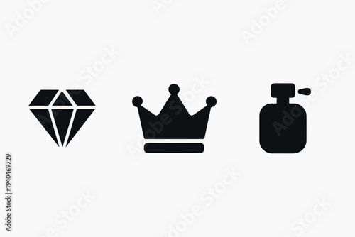 Luxury icons set: diamond, crown, perfume silhouettes in black and white