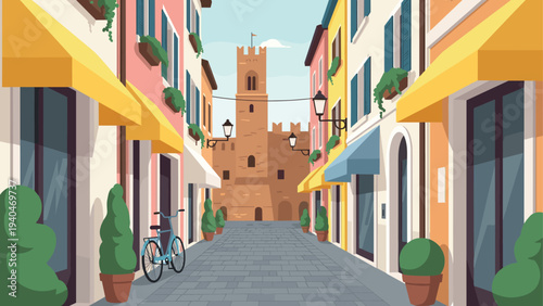 Colorful italian street with historic architecture and cozy atmosphere in flat design