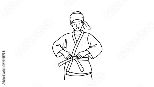 Martial artist preparing belt: line art of karate enthusiast in kimono