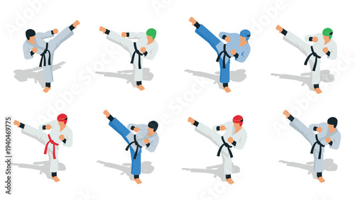 Isometric karate fighters in action poses with colorful helmets and belts
