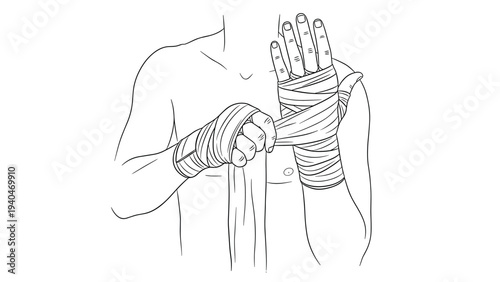 Line art illustration of boxer wrapping hands with tape for training and protection