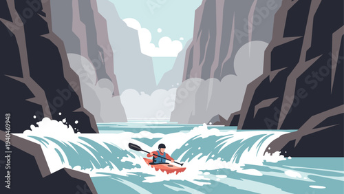 Thrilling kayak adventure through majestic canyon rapids in flat art style