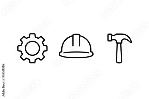 Minimal outline construction icons: gear, hard hat, and hammer in black and white
