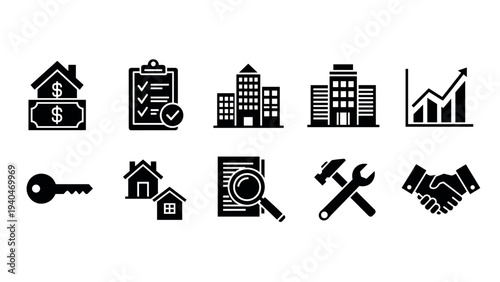 Real estate icons set featuring buildings, tools, and financial symbols in black silhouette style