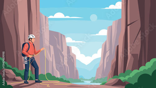 Adventure in the canyon: flat style rock climber with rope in scenic landscape