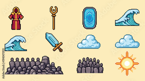 Pixel art magic icons: sword, staff, portal, waves, and sun with cloud