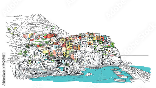 Colorful coastal town in detailed hand drawn style with vibrant houses and calm blue sea