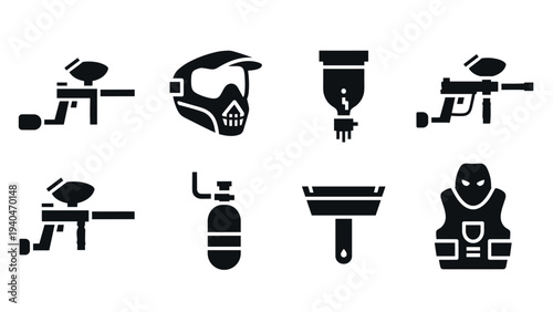 Paintball gear icons: silhouette set of masks, guns, and equipment