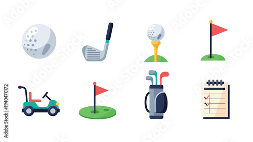 Golf equipment icons set: balls, clubs, flags, and accessories in modern flat style