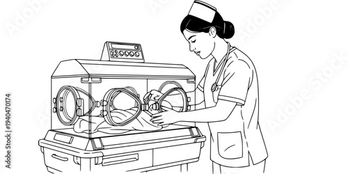 NICU Nurse Caring for Infant in Incubator Silhouette