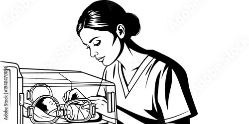 NICU Nurse Caring for Infant in Incubator Silhouette