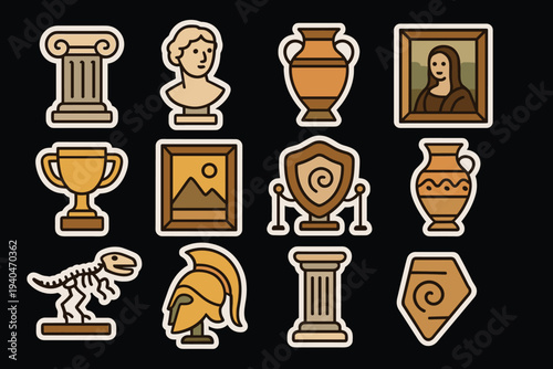 Icon set featuring classical artifacts and museum items with bold outlines