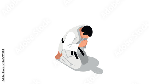 Martial artist bowing in kneeling pose on white background