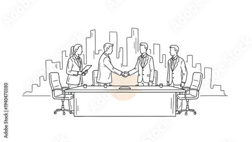 Business deal handshake in office with city skyline background