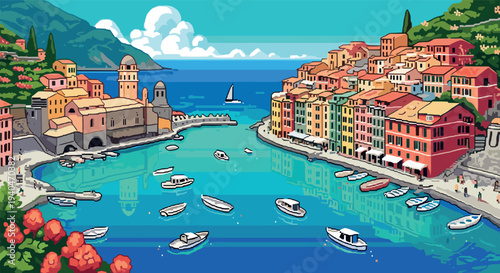 Charming coastal town in colorful pixel art with boats and mountains