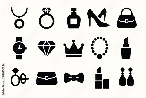 Elegant fashion and accessories set in black silhouette style