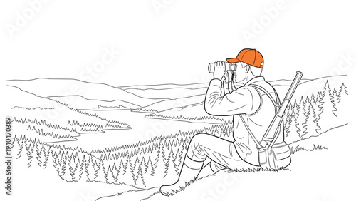 Contour of hunter observing scenic forest with binoculars