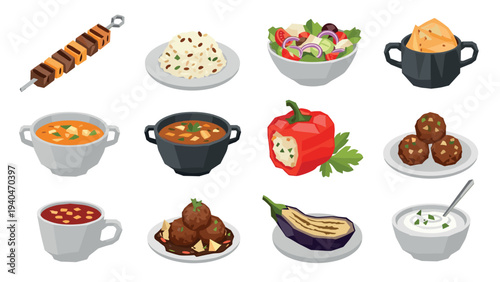 Assorted middle eastern cuisine dishes in flat design