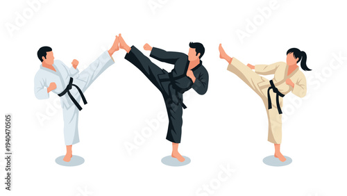 Martial artists practicing high kicks in uniforms