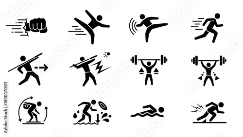 Dynamic icon set of stylized fitness and sports actions in bold silhouette style
