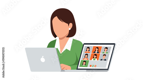 Remote work woman in virtual meeting on laptop with video call interface