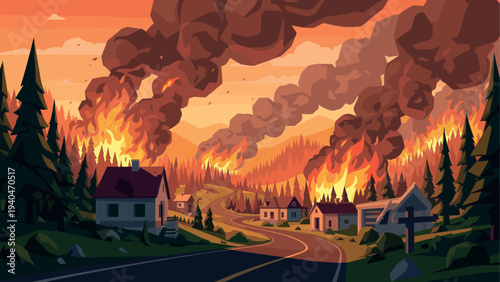 Dramatic forest fire scene with burning trees and homes at sunset